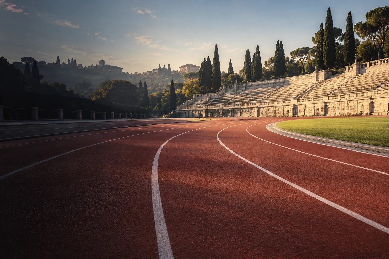 Una pista di atletica illuminata dal sole in uno stadio tranquillo